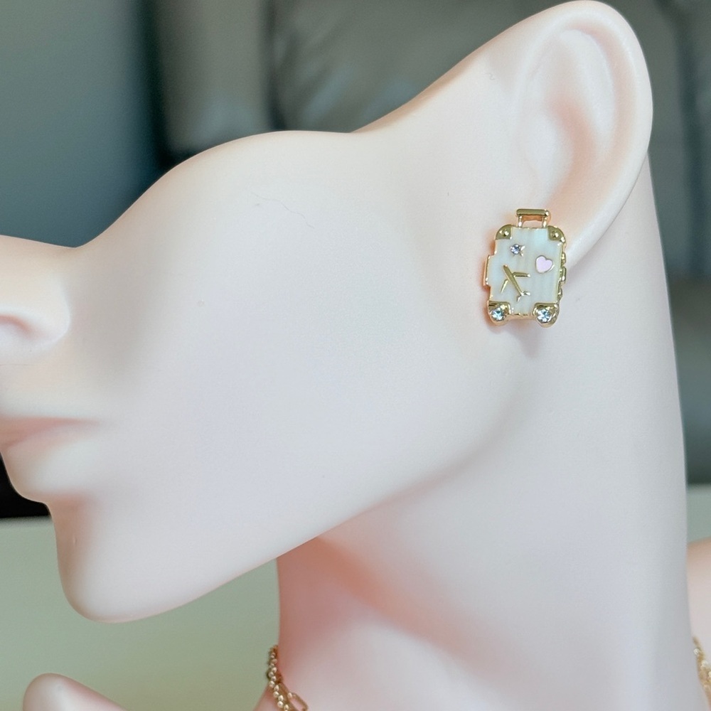 Suitcase Gold and Pink Stud Earrings - Picture 3 of 11